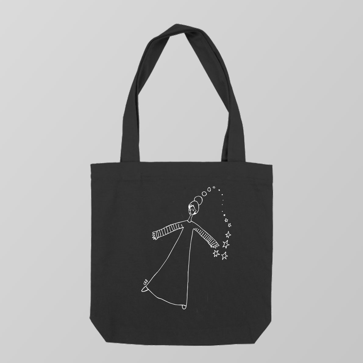 Tote bag negro - Personaje femenino con vestido largo y brazos abiertos