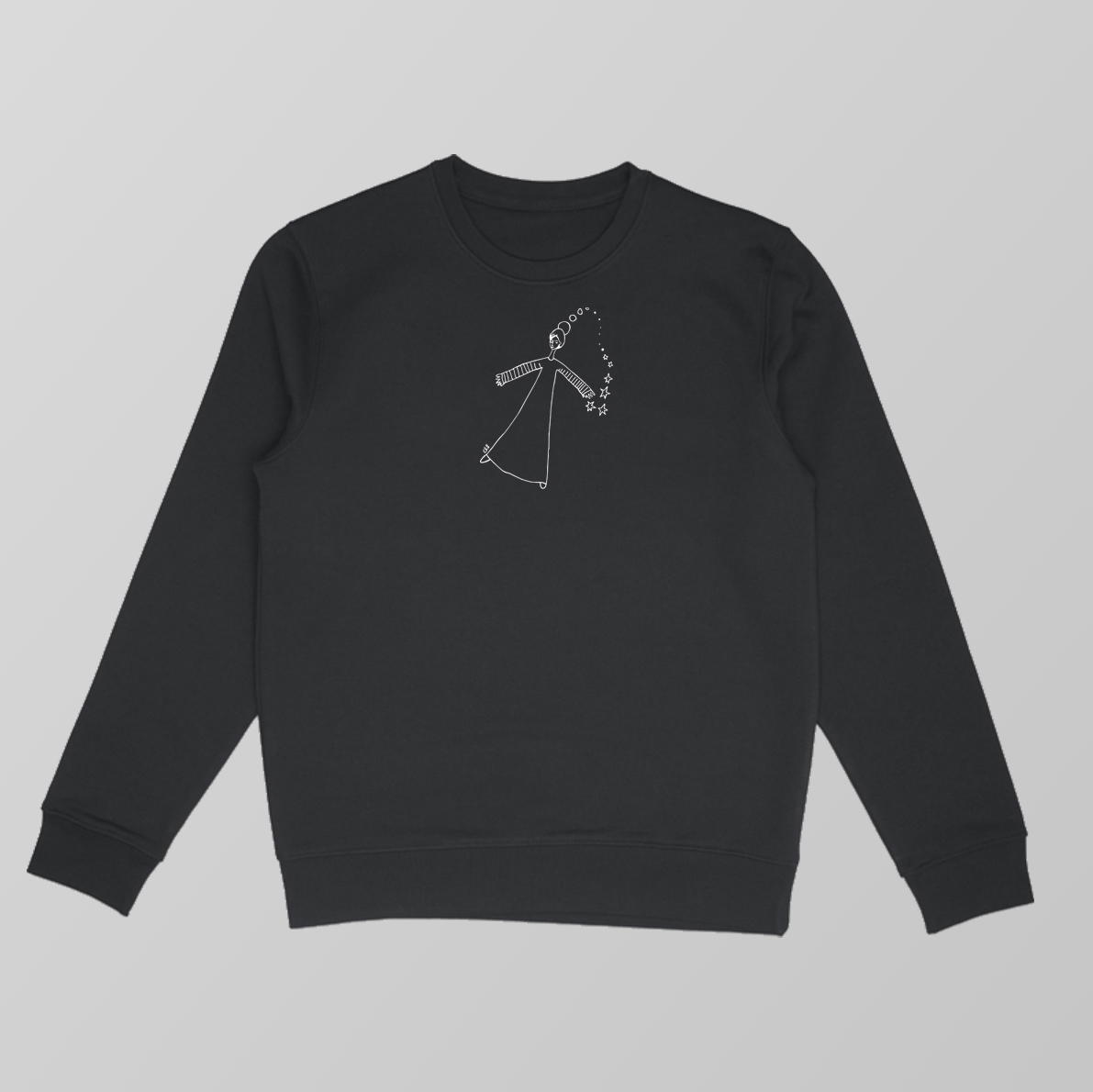 Sudadera negra unisex - personaje con grandes brazos abiertos y vestido largo