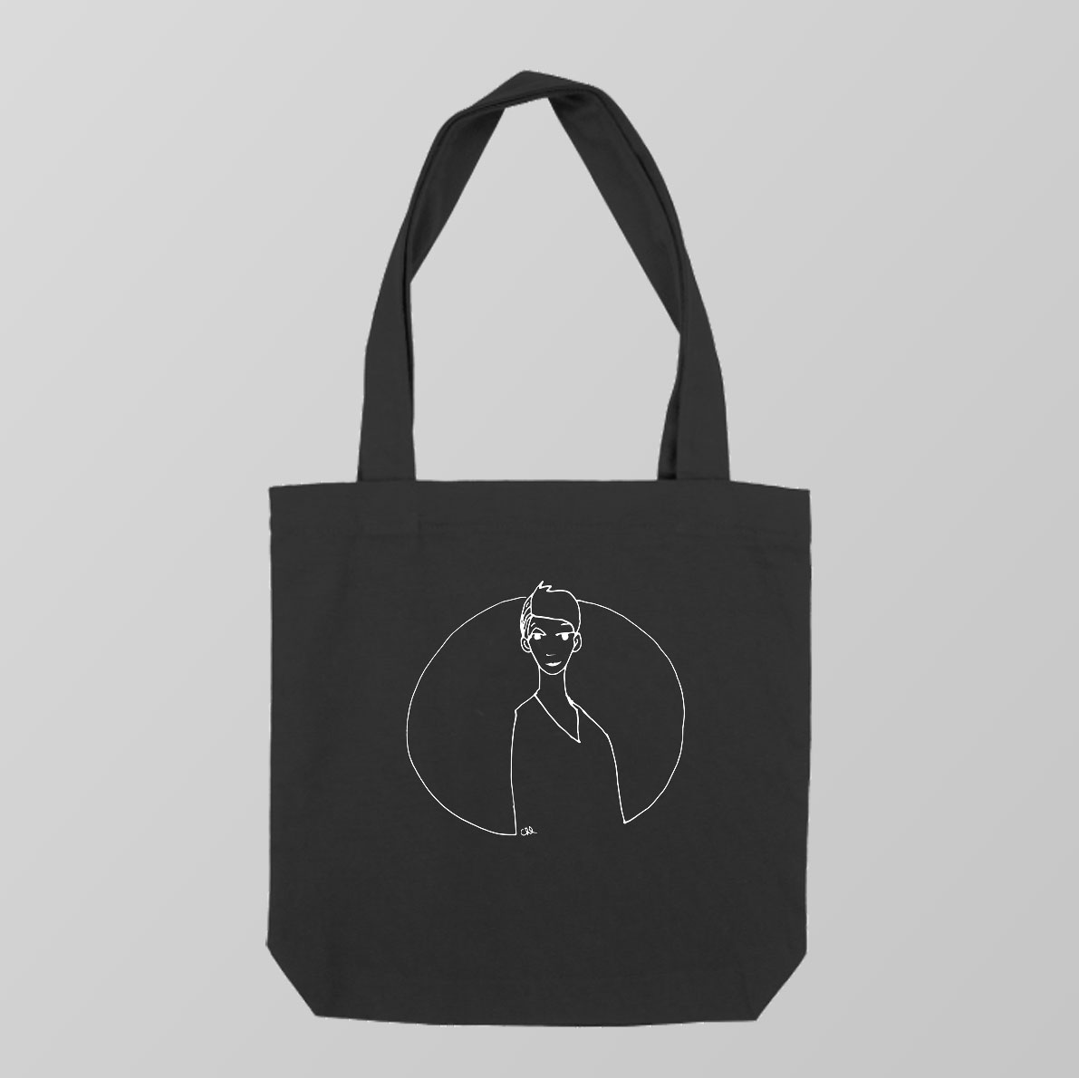 Tote bag negro - personaje delante de la luna