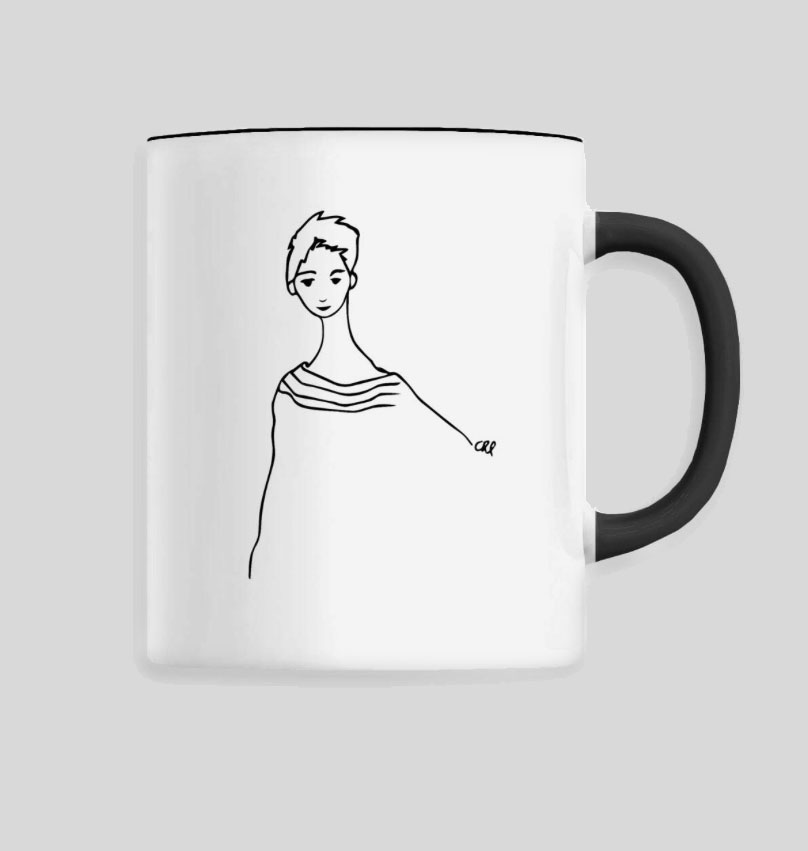 Taza - personaje femenino con pelo corto y jersey a rayas