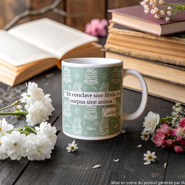 Image front Mug Cicéron, “Une pièce sans livres est un corps sans âme” - édition en latin, version Vert d'eau