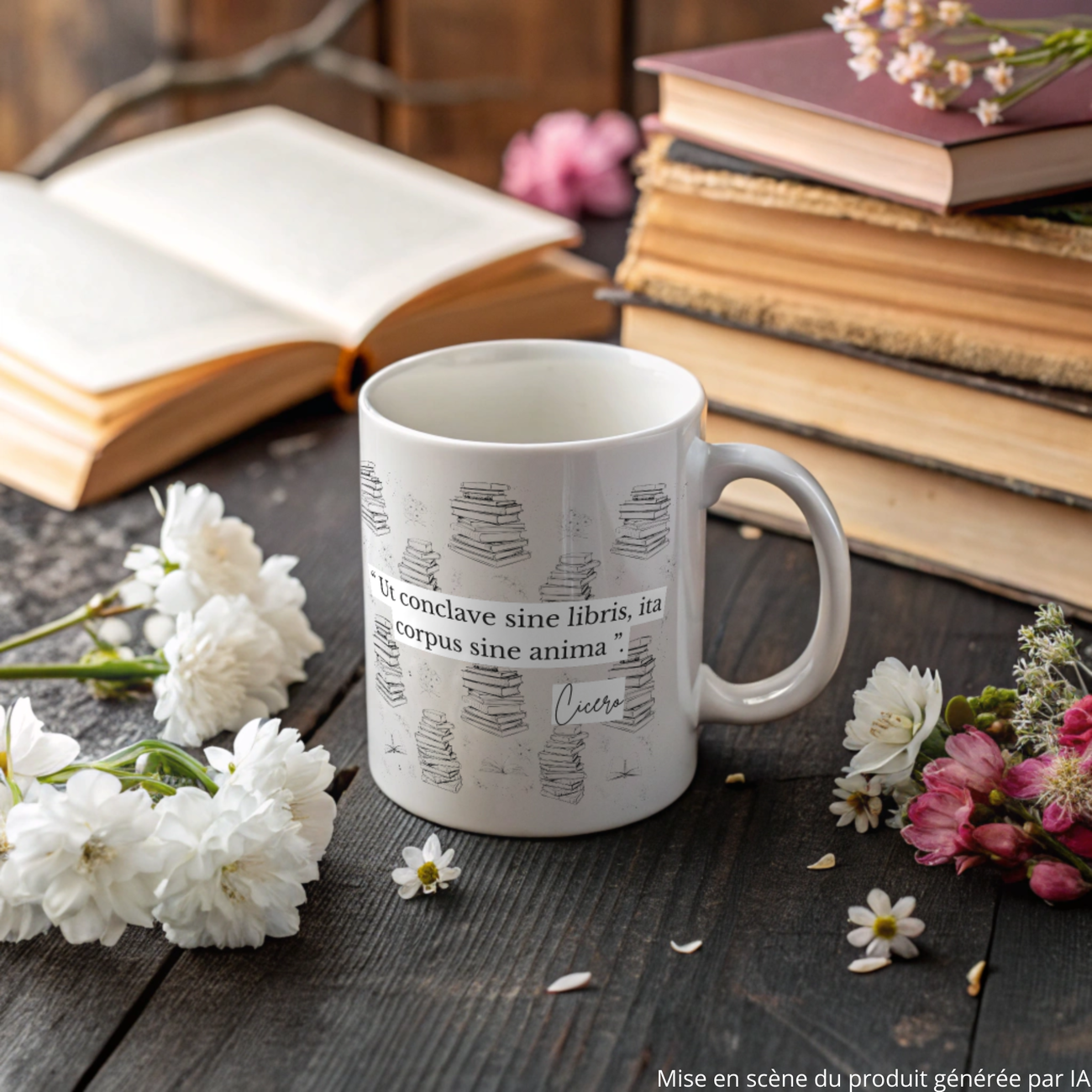 Image front Mug Cicéron, “Une pièce sans livres est un corps sans âme” - édition en latin, version fond blanc