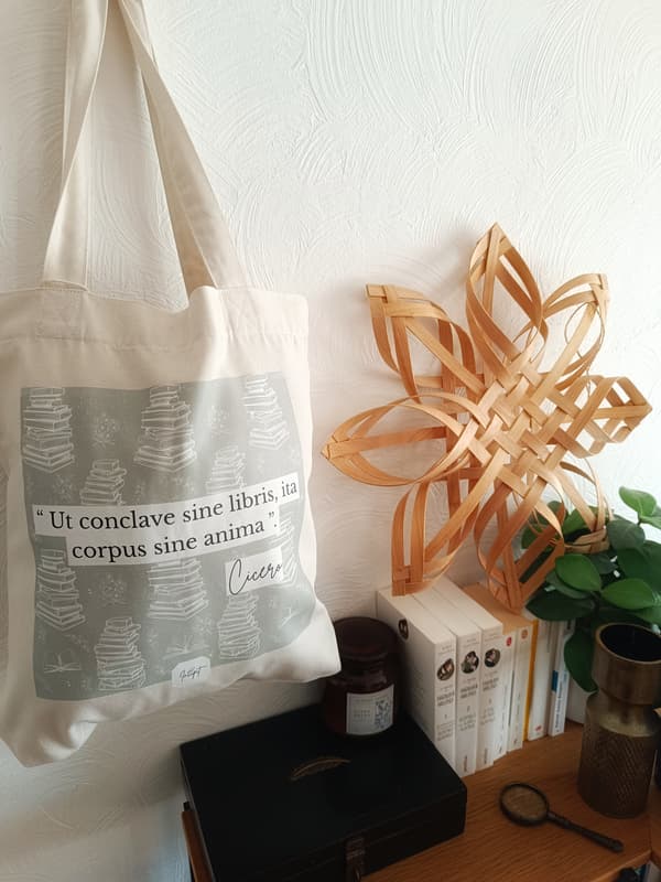 Image front Totebag Cicéron, “Une pièce sans livres est un corps sans âme” - édition en latin, version beige fond vert d'eau