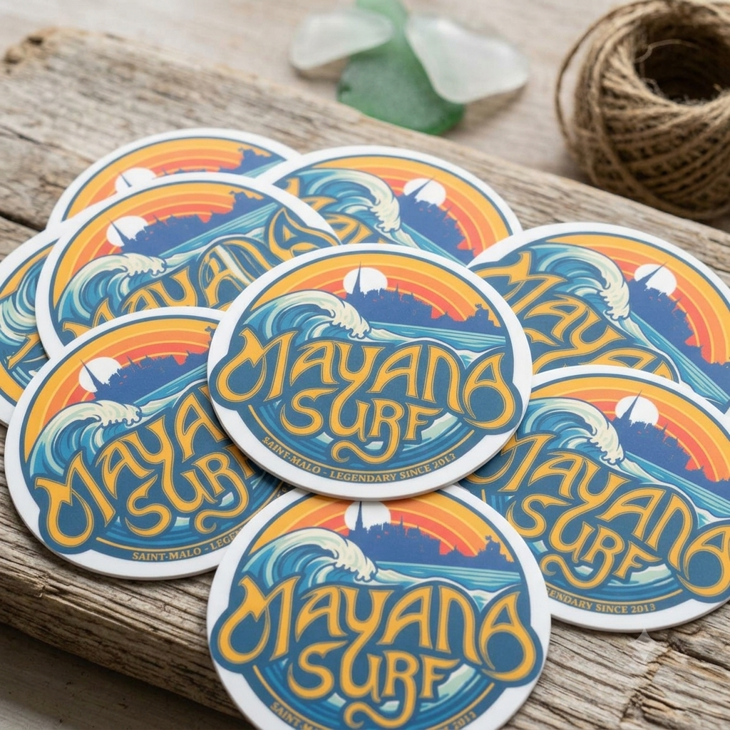 Sticker Mayana Surf, l'école malouine légendaire depuis 2013, avec la Skyline de Intramuros - Image