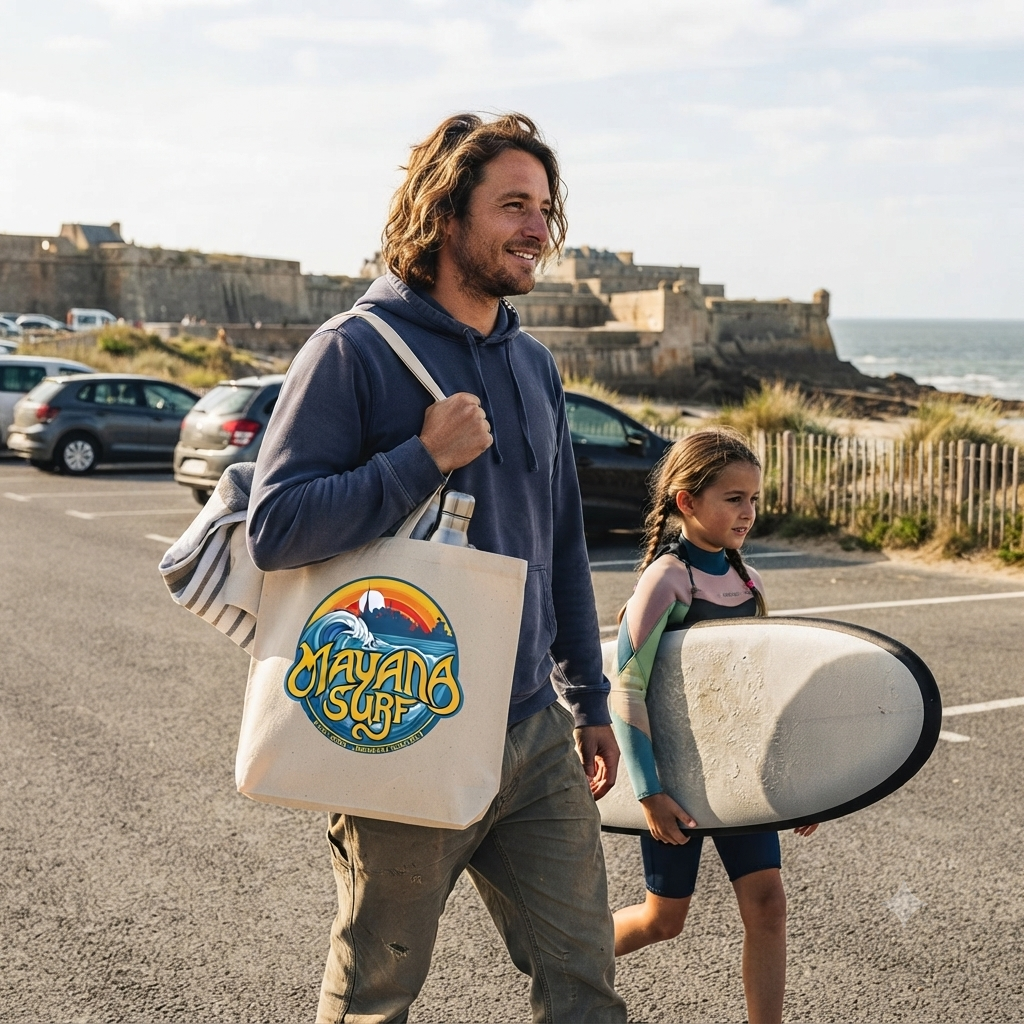 Totebag logo Mayana Surf avec la Skyline de Saint-Malo en arrière-plan