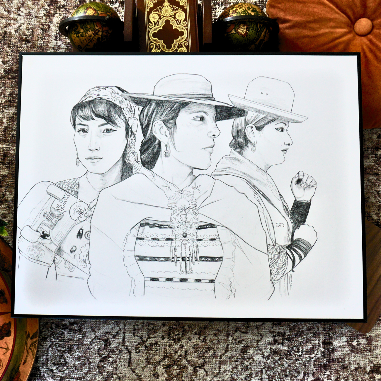 Portrait original des Cholitas – Fusain & Crayon (50x65 cm)