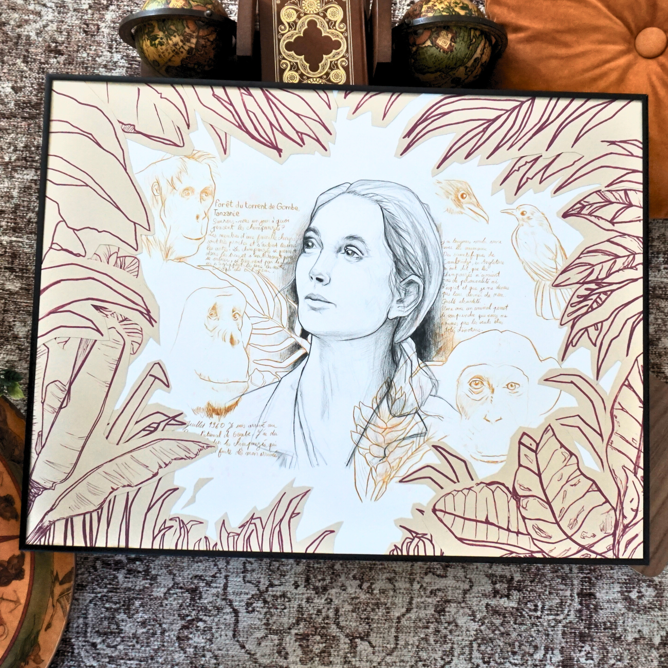Portrait original de Jane Goodall – Crayon & Collages (50x65 cm)