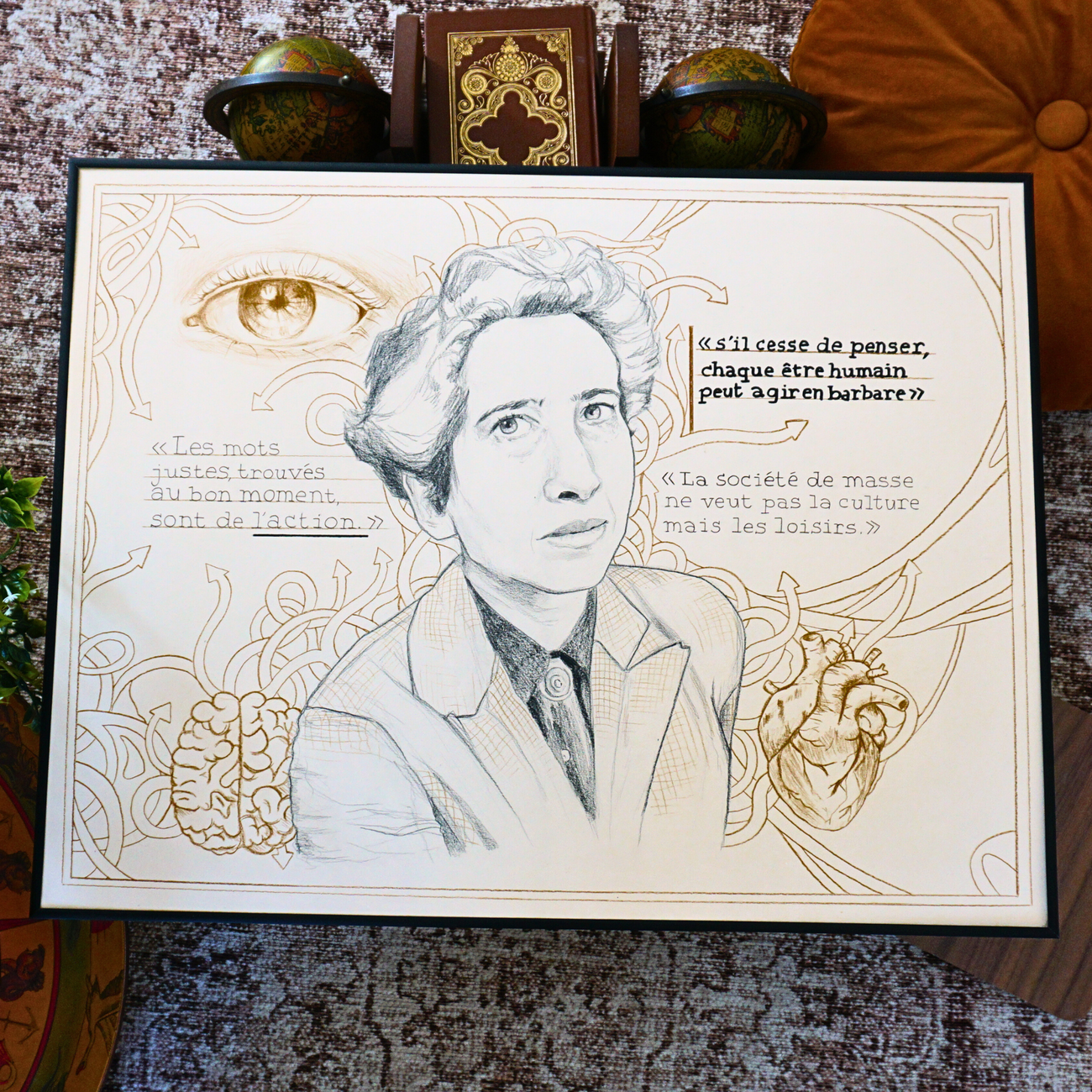 Portrait original de Hannah Arendt – Fusain & Crayon (50x65 cm)