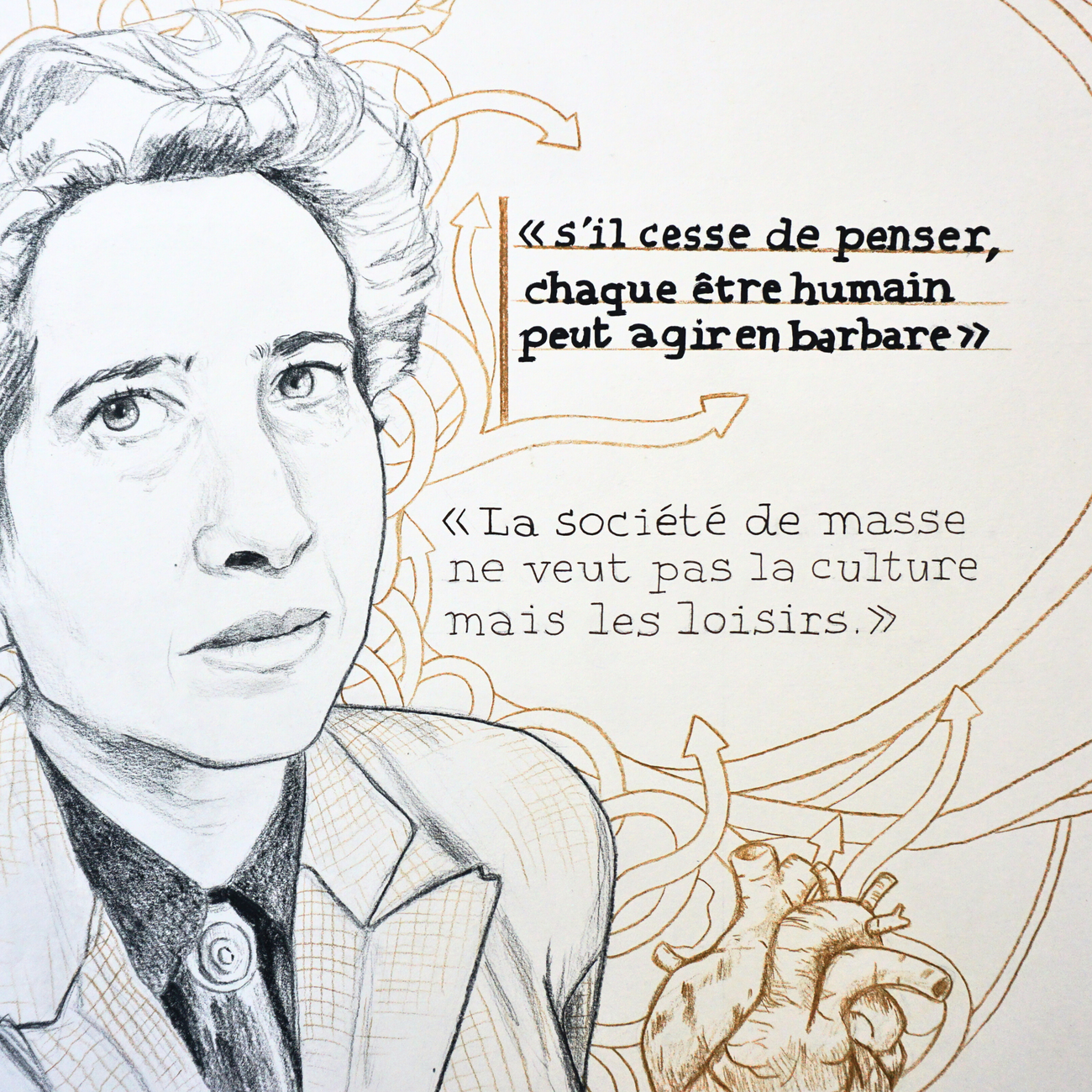 Portrait original de Hannah Arendt – Fusain & Crayon (50x65 cm) - Image