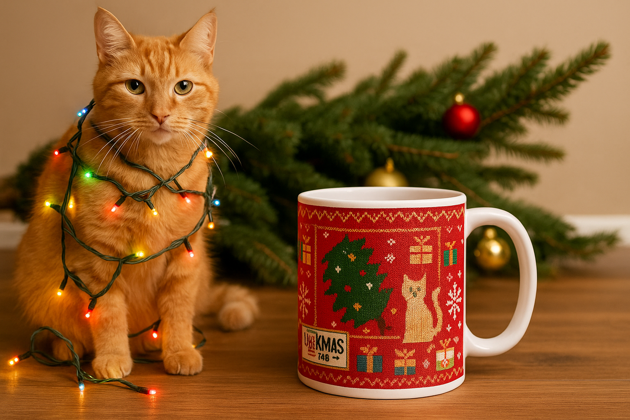 Mug panoramique – Chat et Sapin de Noël renversé 🎄🐱