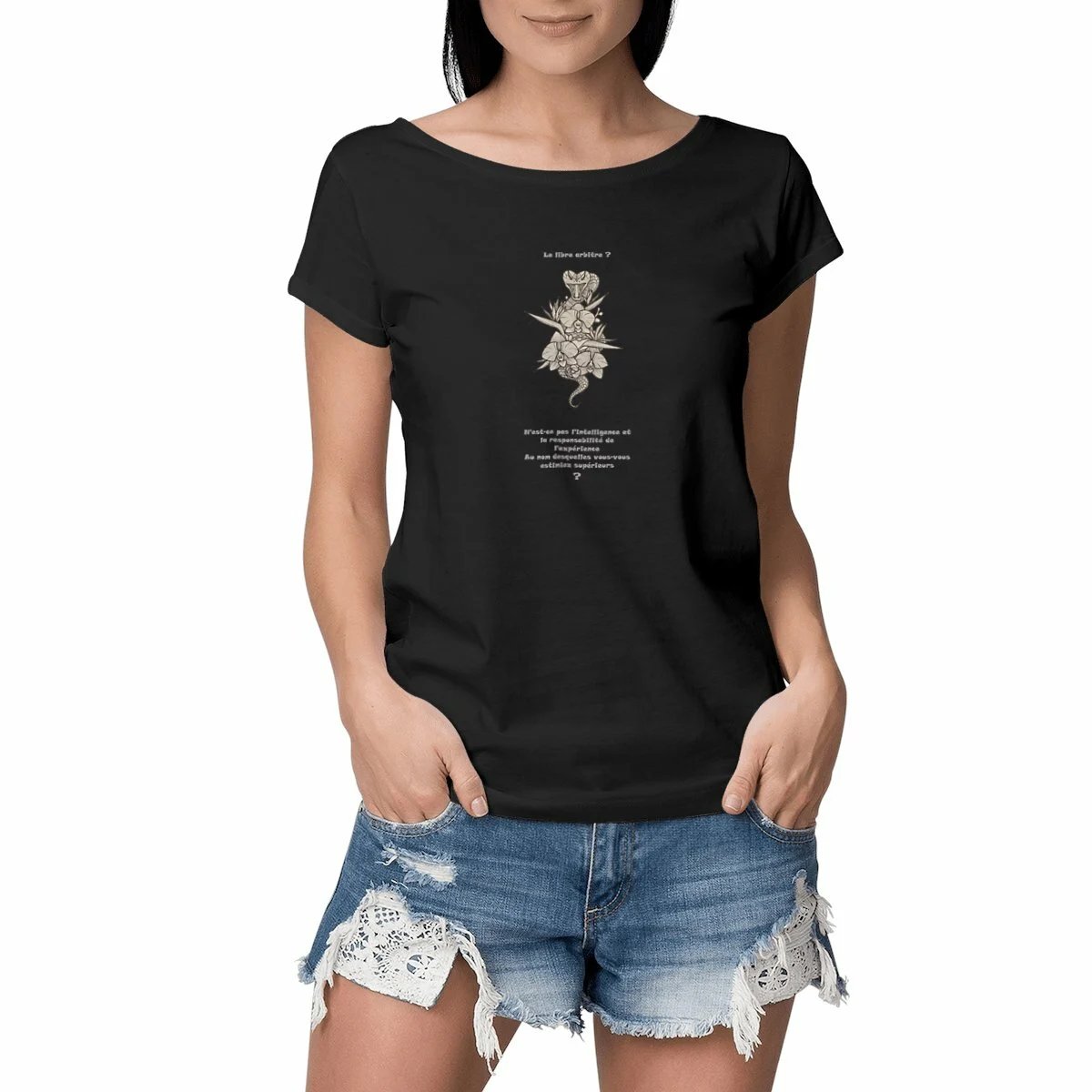 Image front T-shirt-slub-femme-imprimé-graphique-serpent-avec-message-Punchline-philosophique