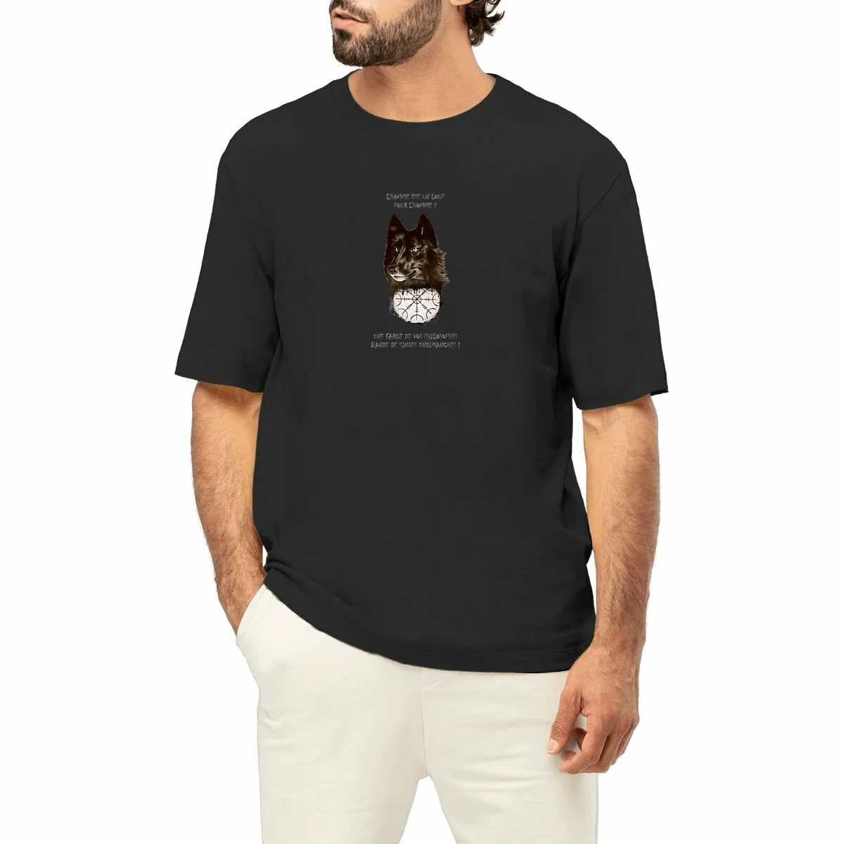 Image front Tshirt-oversize-graphique-l-Homme-et-le-loup-Streetwear-philosophique