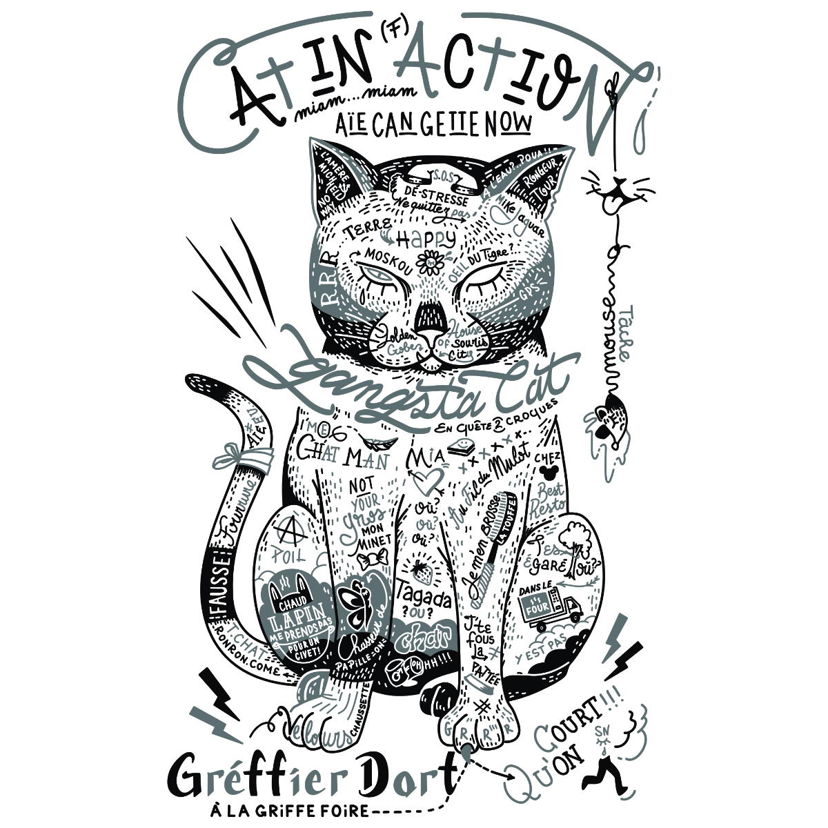 Image back T-shirt unisexe léger - Chat tatoué, le gamer rebelle