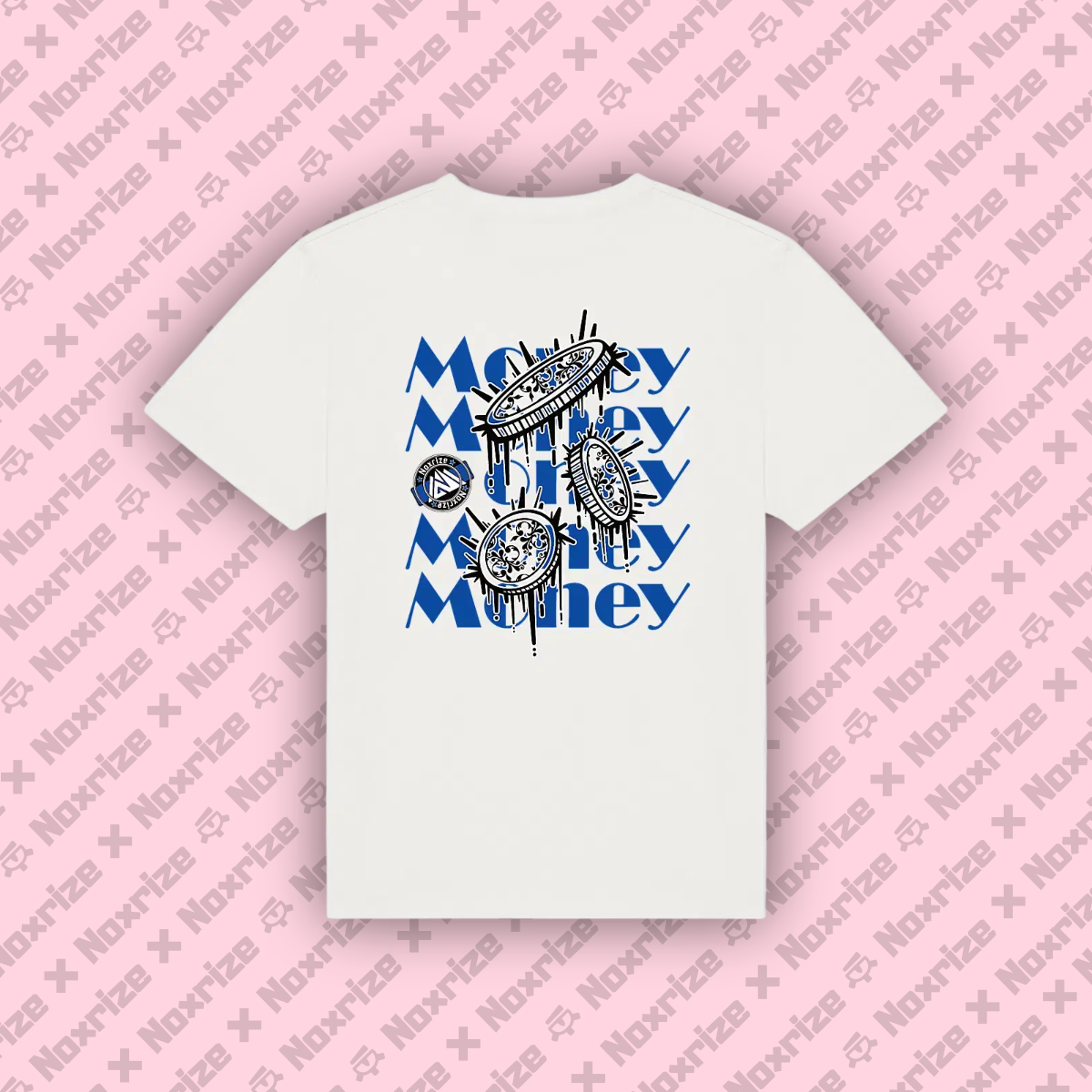 Image back T-shirt oversized unisexe « Raining coins » blanc design bleu (Noxrize)