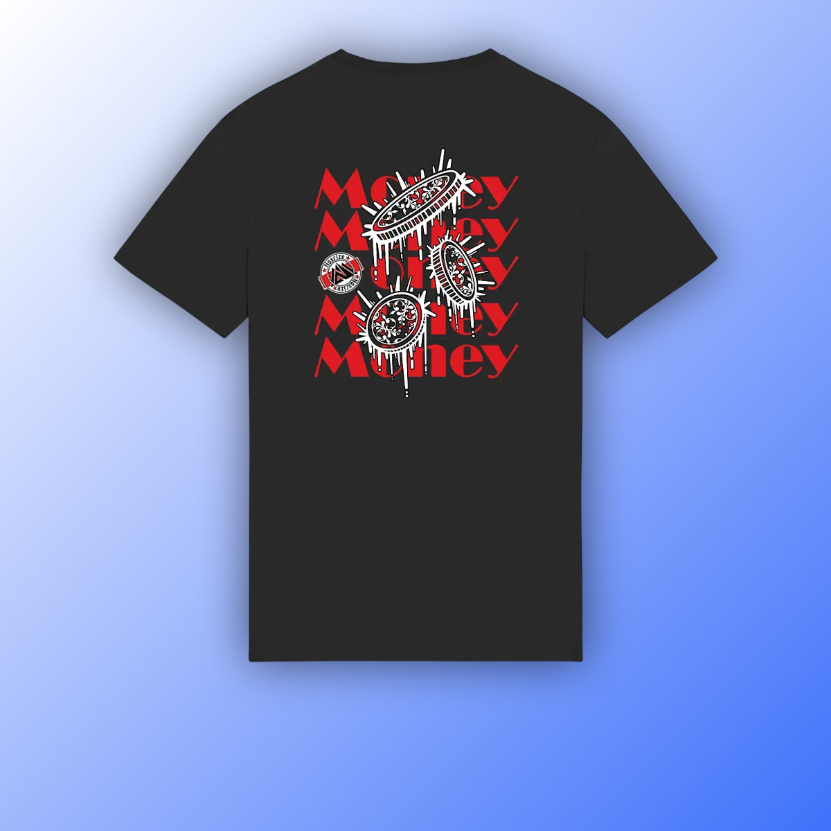 Image front T-shirt épais unisexe « Raining coins » noir design rouge (Noxrize)