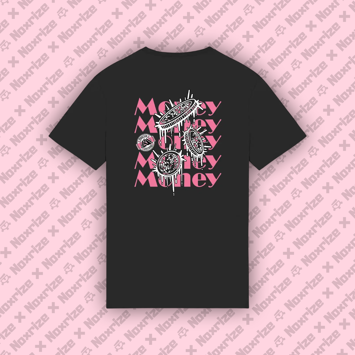 Image back T-shirt épais unisexe « Raining coins » noir design rose (Noxrize)