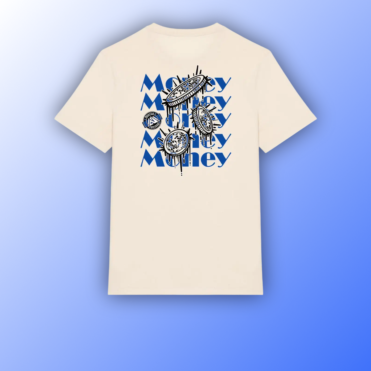 Image front T-shirt épais unisexe « Raining coins » beige design bleu (Noxrize)