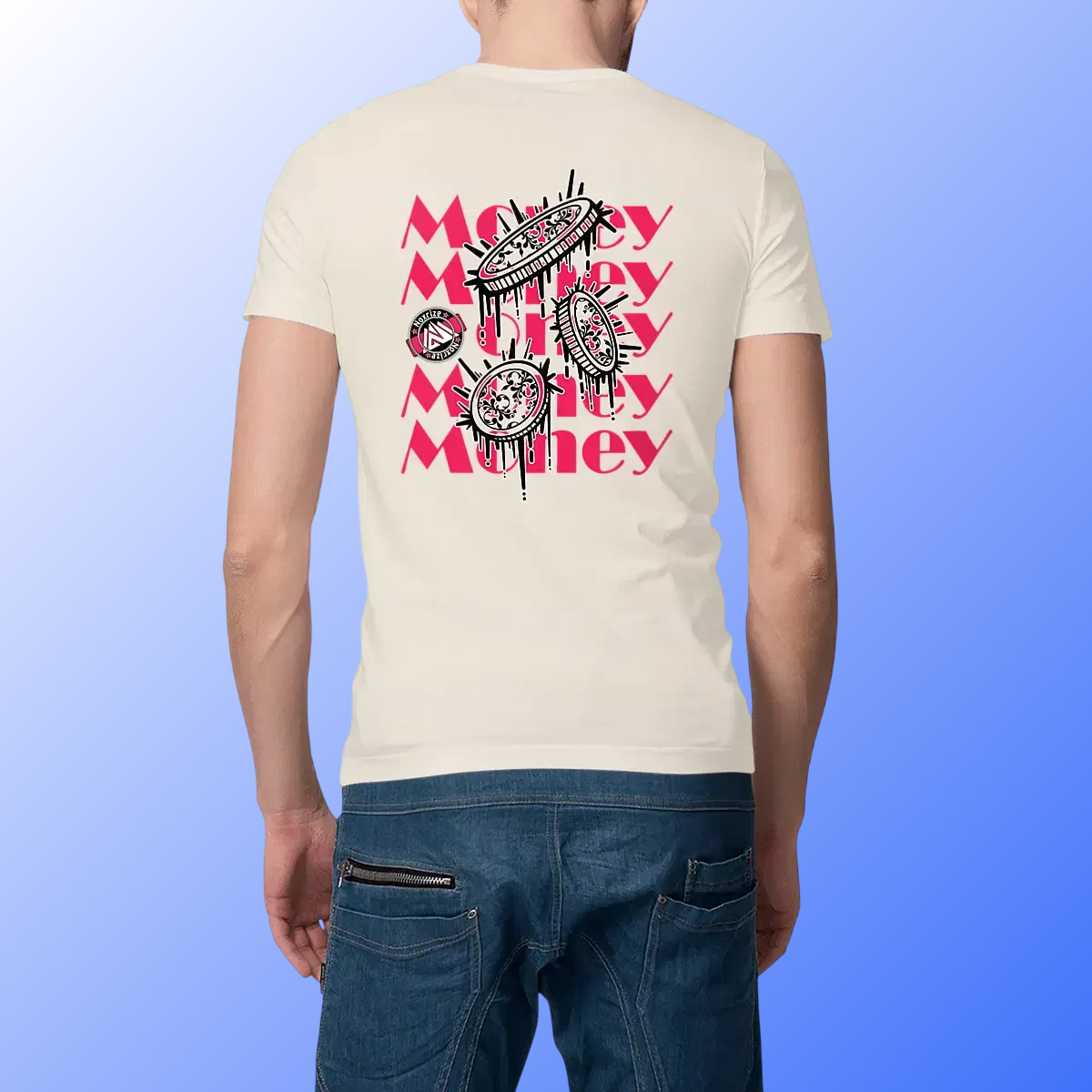 Image front T-shirt épais unisexe « Raining coins » beige design rose (Noxrize)