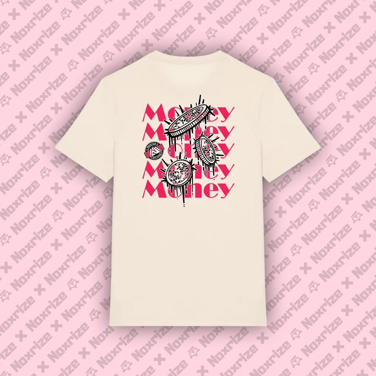 Image back T-shirt épais unisexe « Raining coins » beige design rose (Noxrize)