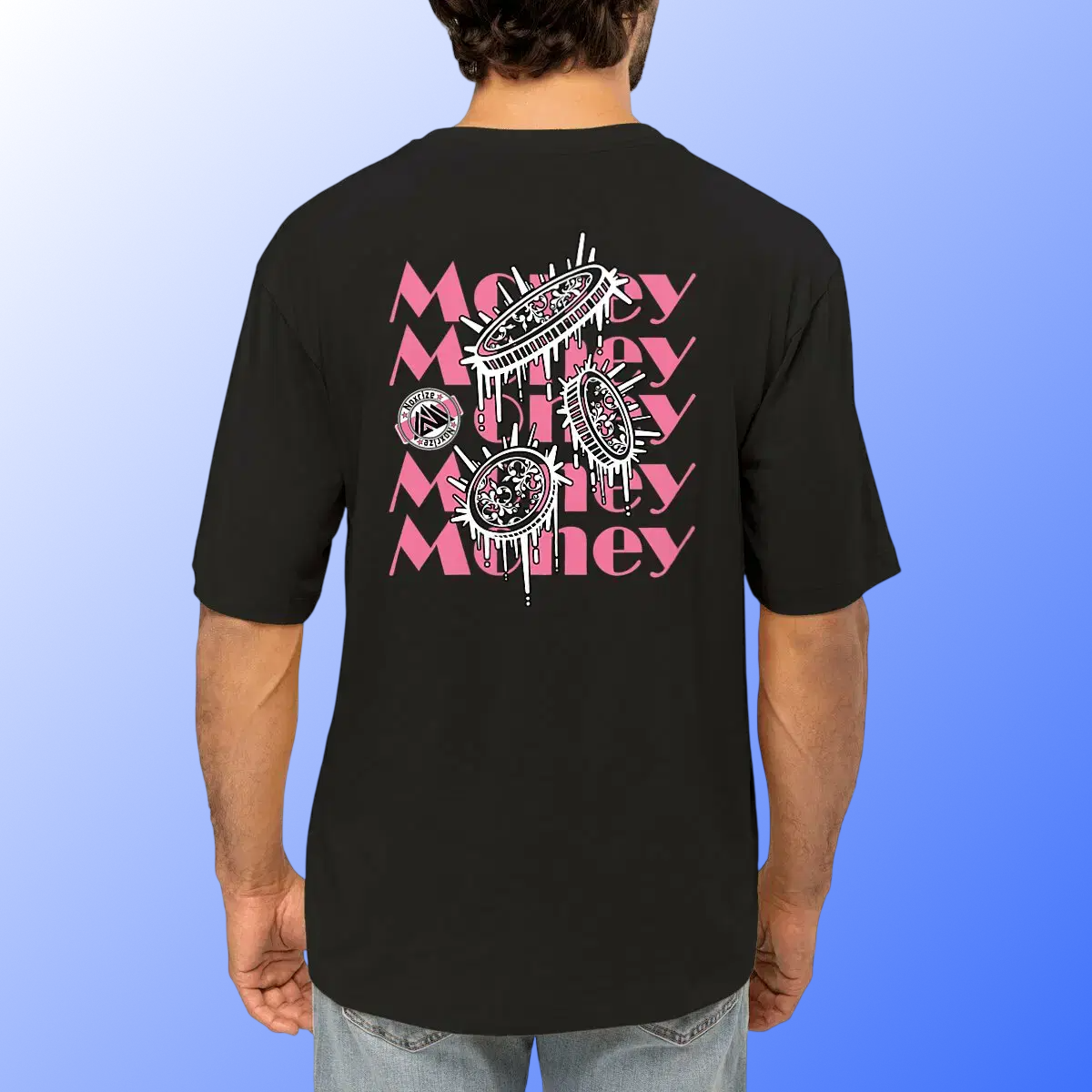Image front T-shirt oversized unisexe « Raining coins » noir design rose (Noxrize)
