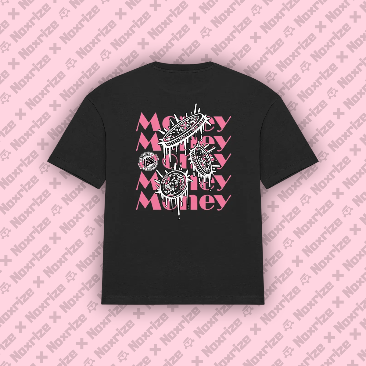 Image back T-shirt oversized unisexe « Raining coins » noir design rose (Noxrize)
