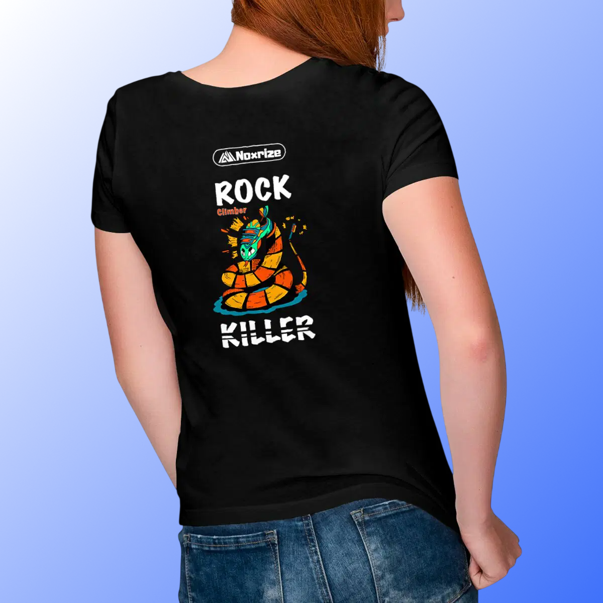 Image front T-shirt femme col V « Rock killer » noir (Noxrize escalade)