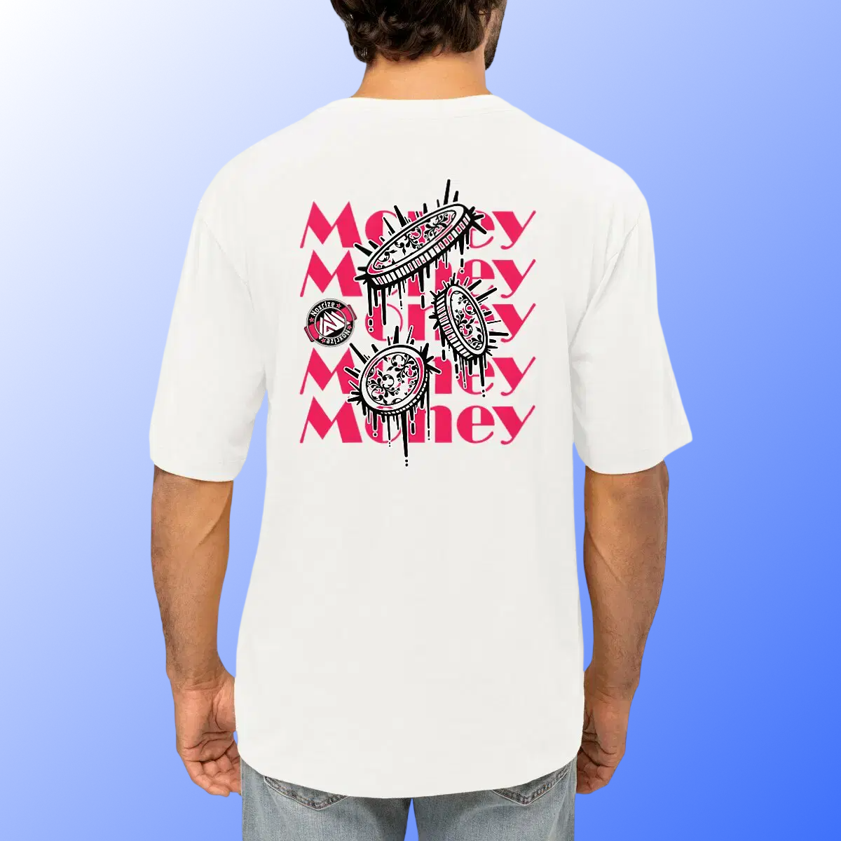 Image front T-shirt oversized unisexe « Raining coins » blanc design rose (Noxrize)