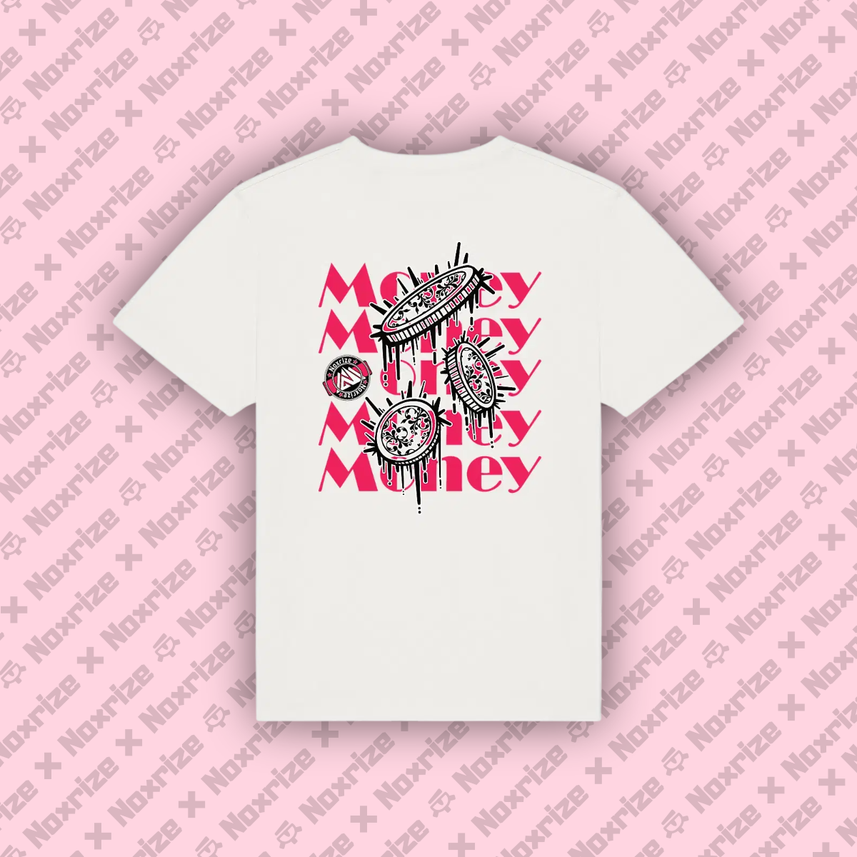 Image back T-shirt oversized unisexe « Raining coins » blanc design rose (Noxrize)