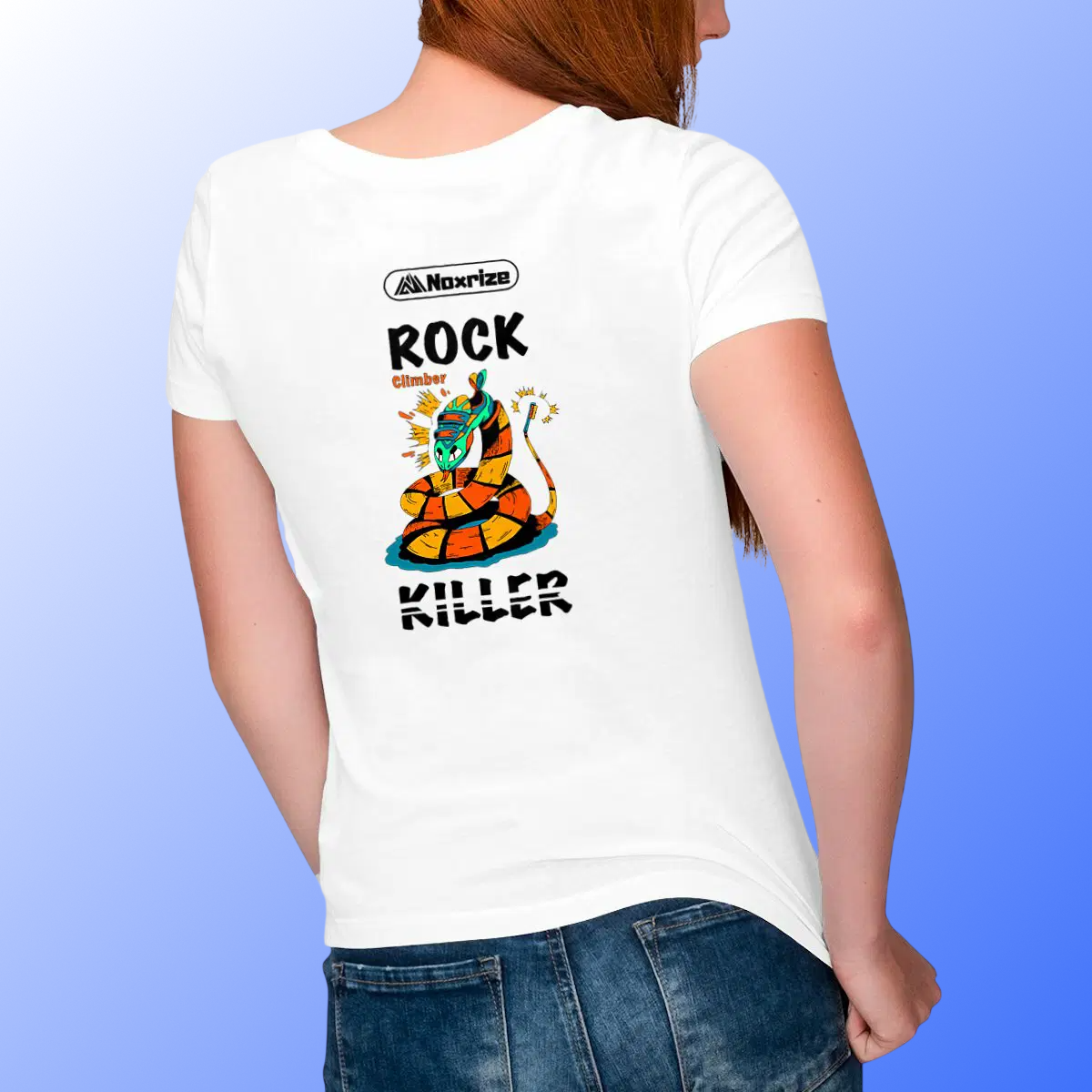 Image front T-shirt femme col V « Rock killer » blanc (Noxrize escalade)