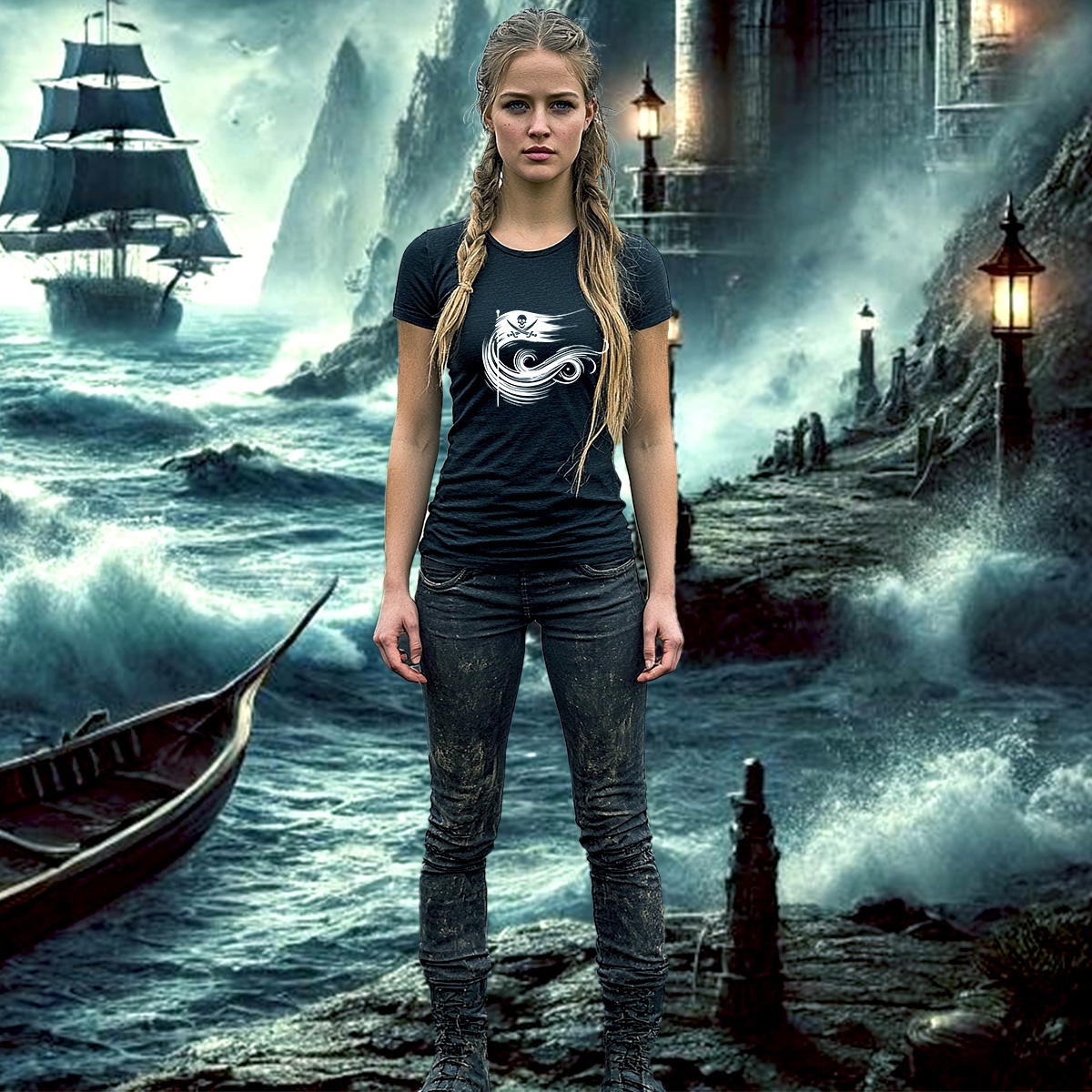 Image front T-shirt Femme Le Serment des Âmes Pirates blanc . 100% coton en conversion biologique
