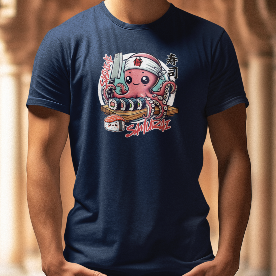 Image front Sashimi Samurai T-Shirt - Cute Octopus Sushi Chef Shirt - Japanese Foodie Tee