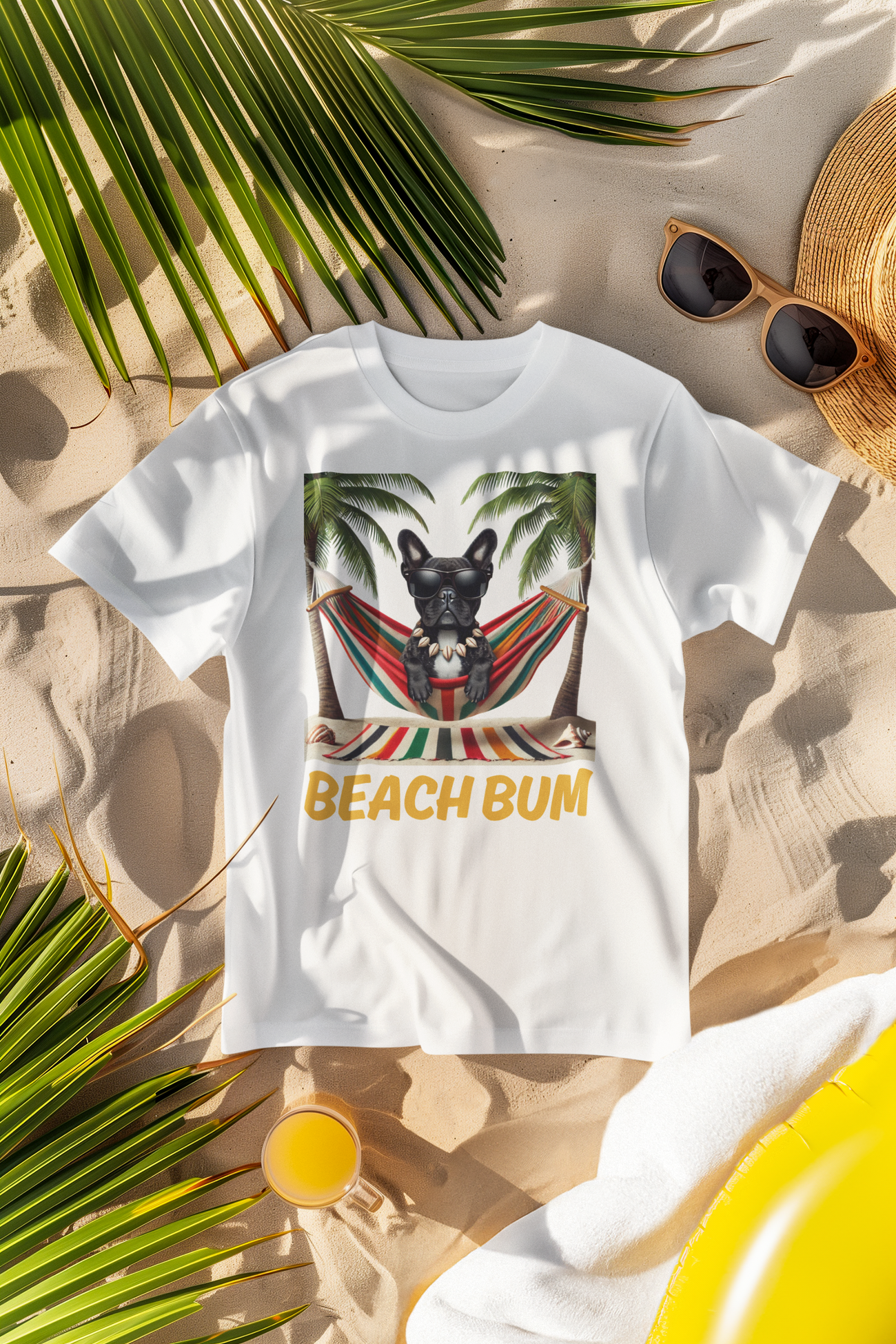 Image front Beach Bum T-Shirt – French Bulldog in Hammock | Vacation Graphic Tee