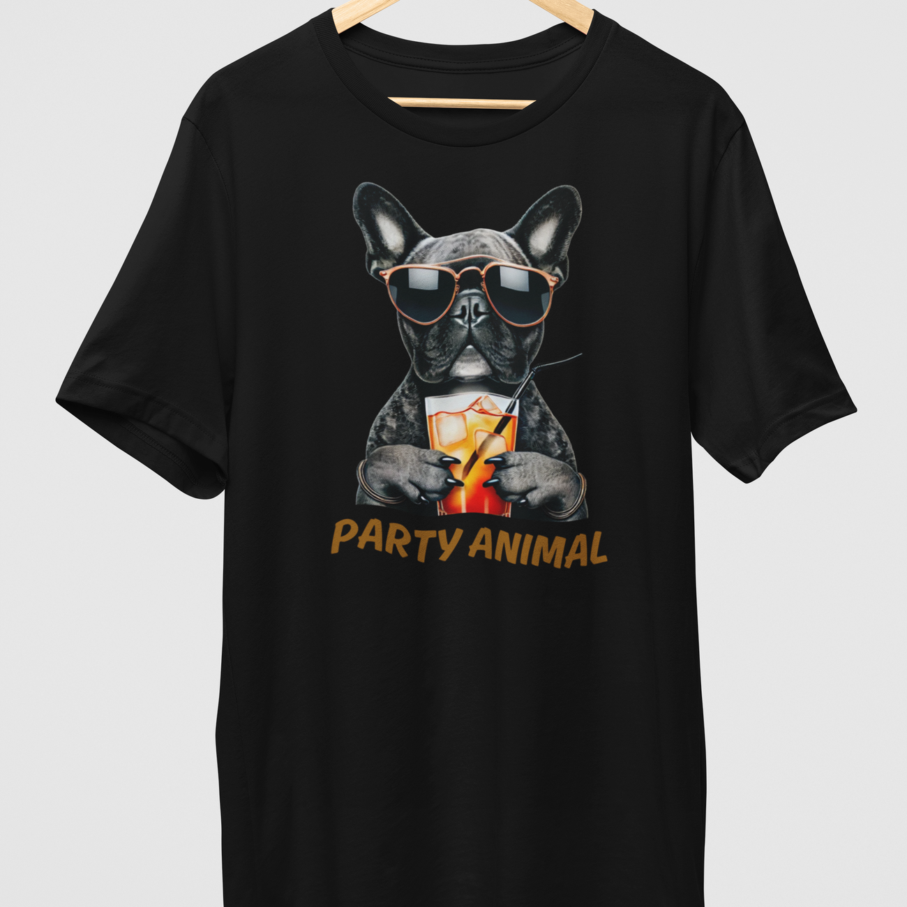 Image front Party Animal T-Shirt – French Bulldog with Cocktail | Cool Dog Graphic Tee