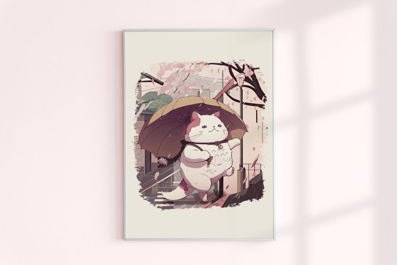 Image front Affiche chat sous pluie de fleurs - Illustration Kawaii Inspirée par Totoro
