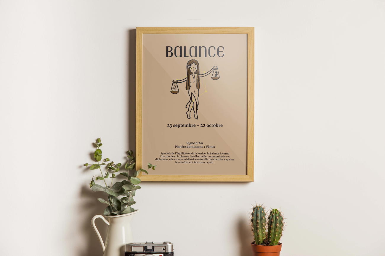 Image front Affiche signe astrologique de la Balance - Illustration féminine