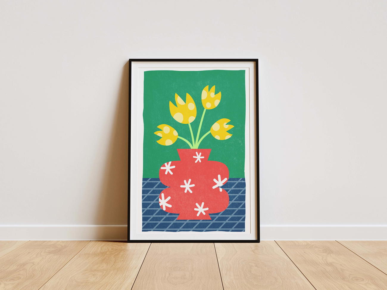 Image front Fleurs jaunes à pois dans vase rouge design