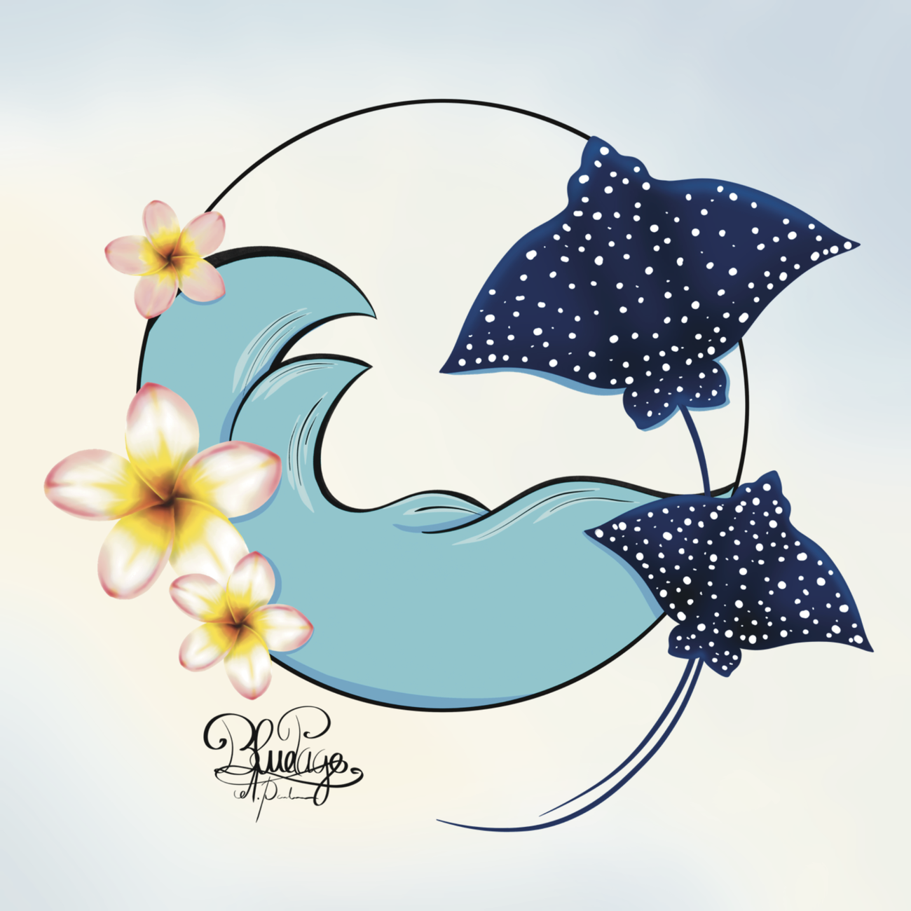 Image back Bob recyclé raie aigle et fleur de frangipanier 