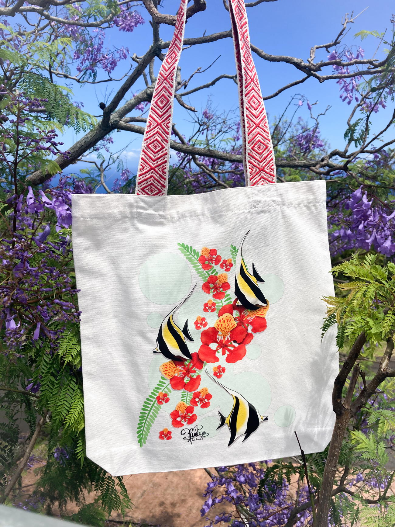 Image front Totebag ethnique - idole des maures et fleur de flamboyant