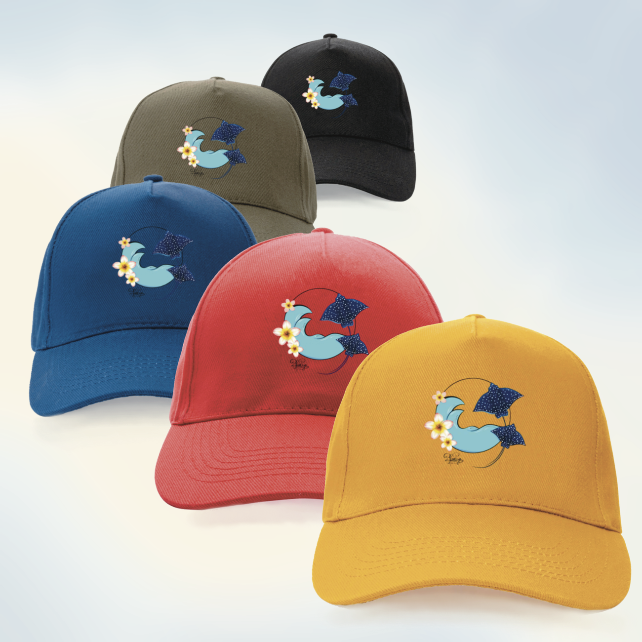 Image front Casquette recyclée , raie aigle et fleur de frangipanier