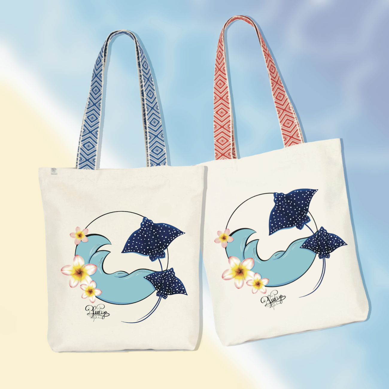 Image front Tote bag ethnique - raie aigle et fleur de frangipanier