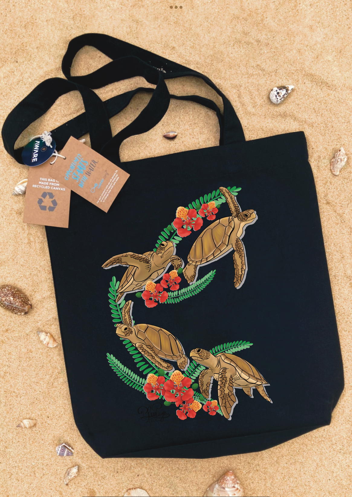 Image front Totebag épais - tortue verte et fleur de flamboyant 