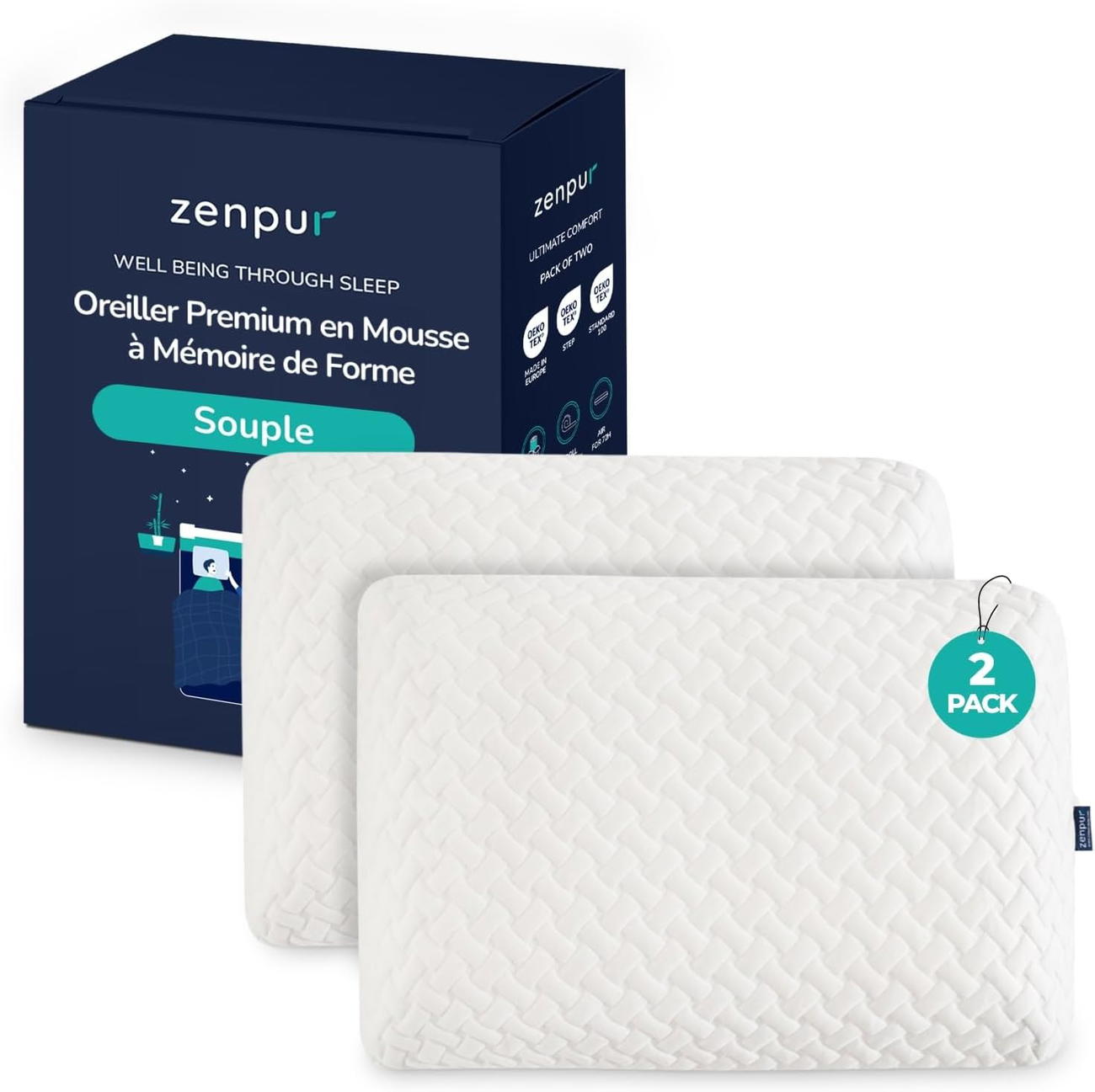 Image front lot de 2 oreillers vegan zenpur a memoire de forme 60X40X12cm