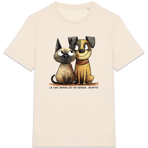 Image front T-shirt Unisexe Confort Bio - "Le Vrai Amour est en Refuge. Adopte !"