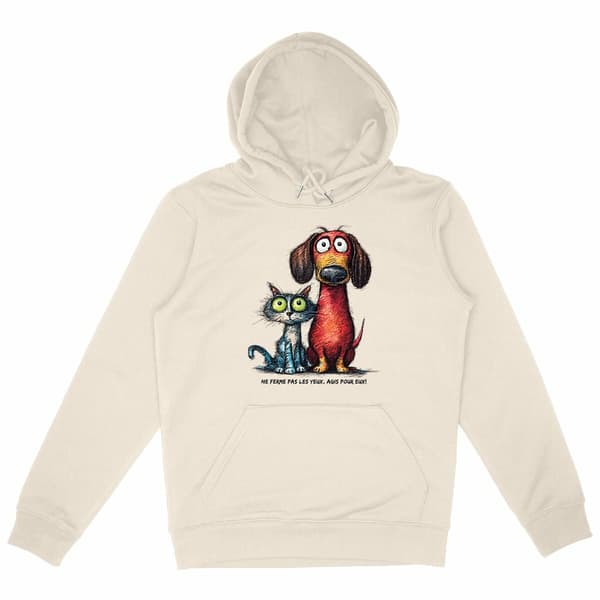 Image front Sweat à capuche Confort Unisexe Bio - "Ne ferme pas les yeux, Agis pour eux!"