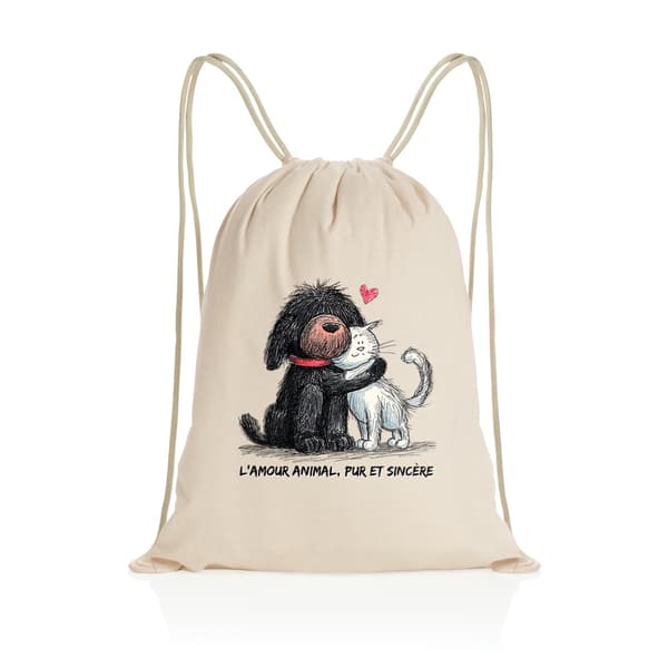 Image front  Sac à dos Cordelettes Recyclé - "L'amour animal, pur et sincère"