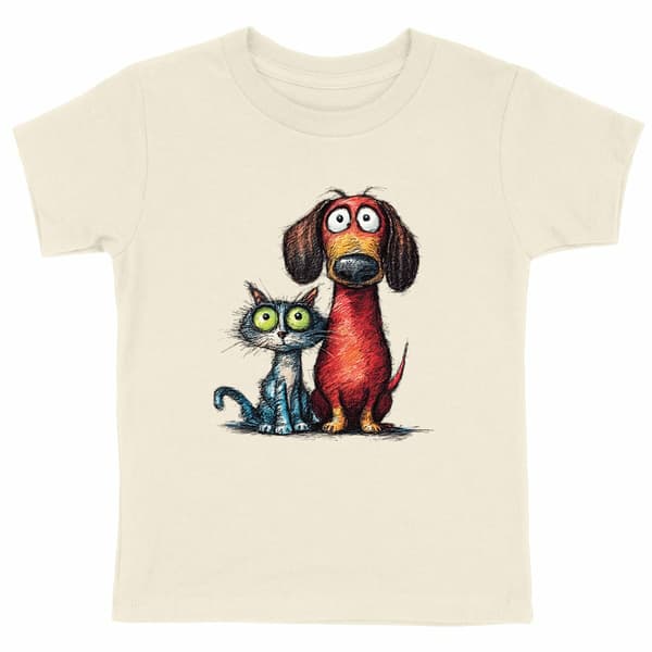 Image front T-shirt Enfant Confort Bio - "Duo Chat & Chien Amis"