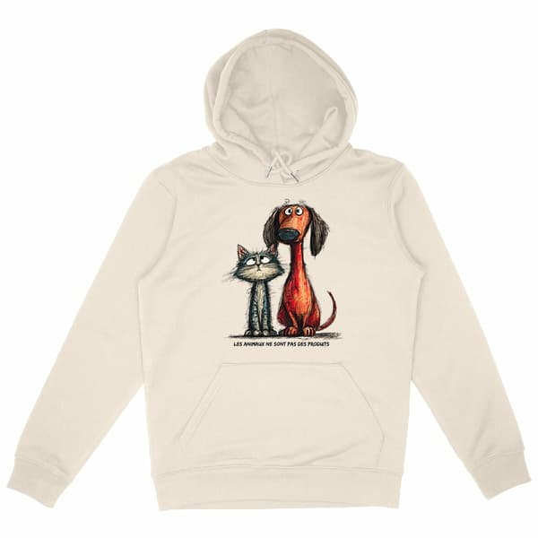 Image front  Sweat à capuche Confort Unisexe Bio - "Les animaux ne sont pas des produits" 