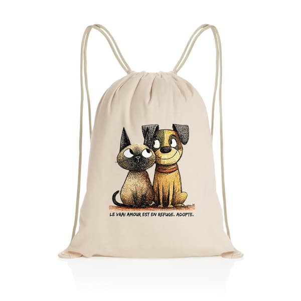 Image front Sac à dos Cordelettes Recyclé - "Les animaux ne sont pas des produits"