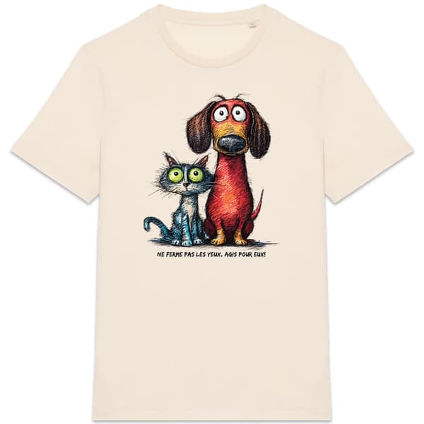 Image front T-shirt Unisexe Confort Bio - "Ne ferme pas les yeux, Agis pour eux!"