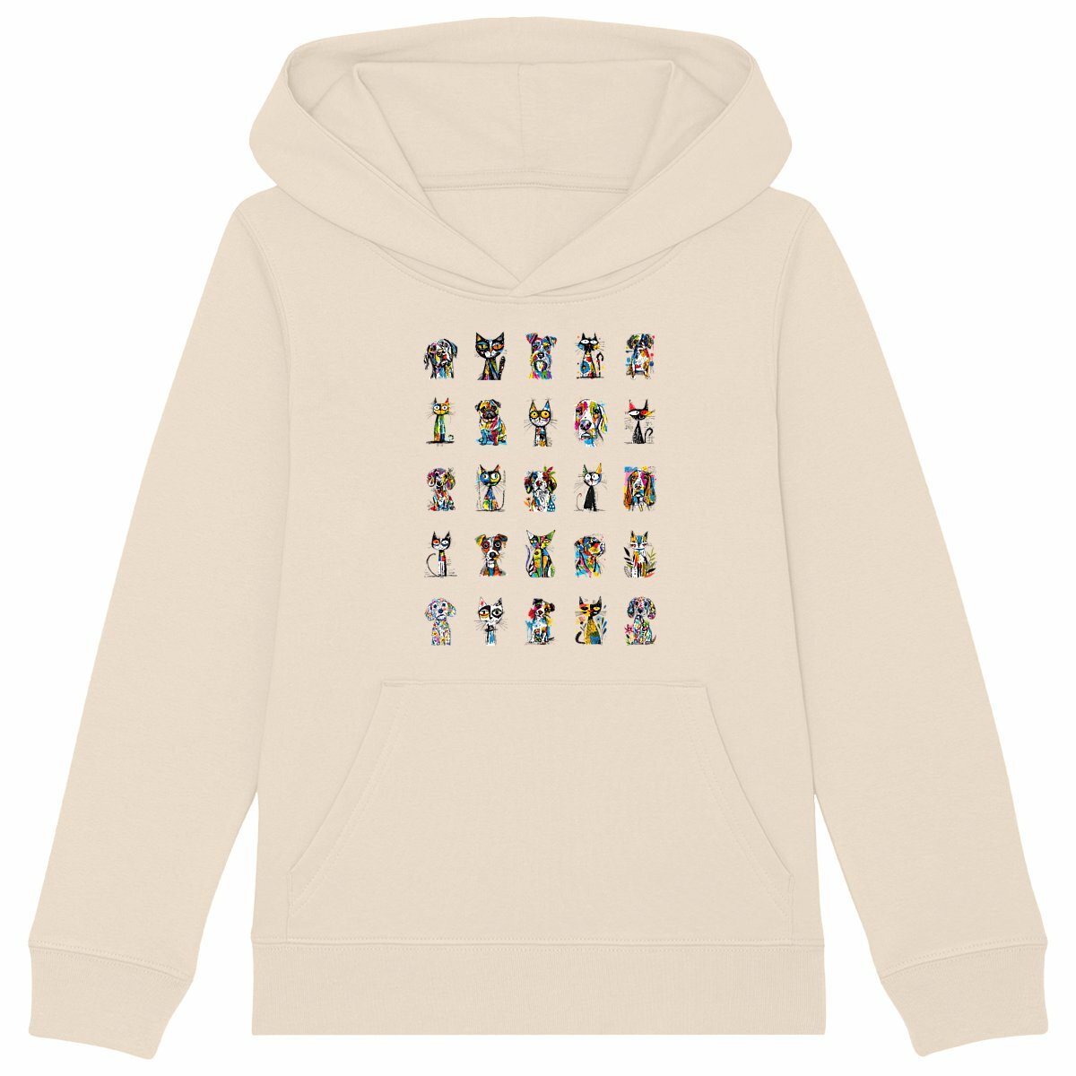 Image front Sweat à capuche Enfant Confort Bio -"Câlin entre Amis Chien & Chat"